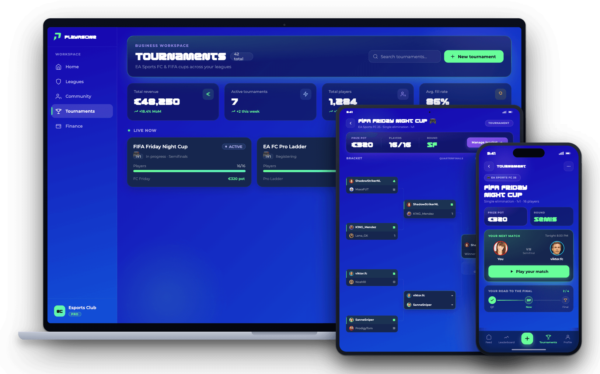 PlayAsOne tournament workspace across desktop, tablet and mobile