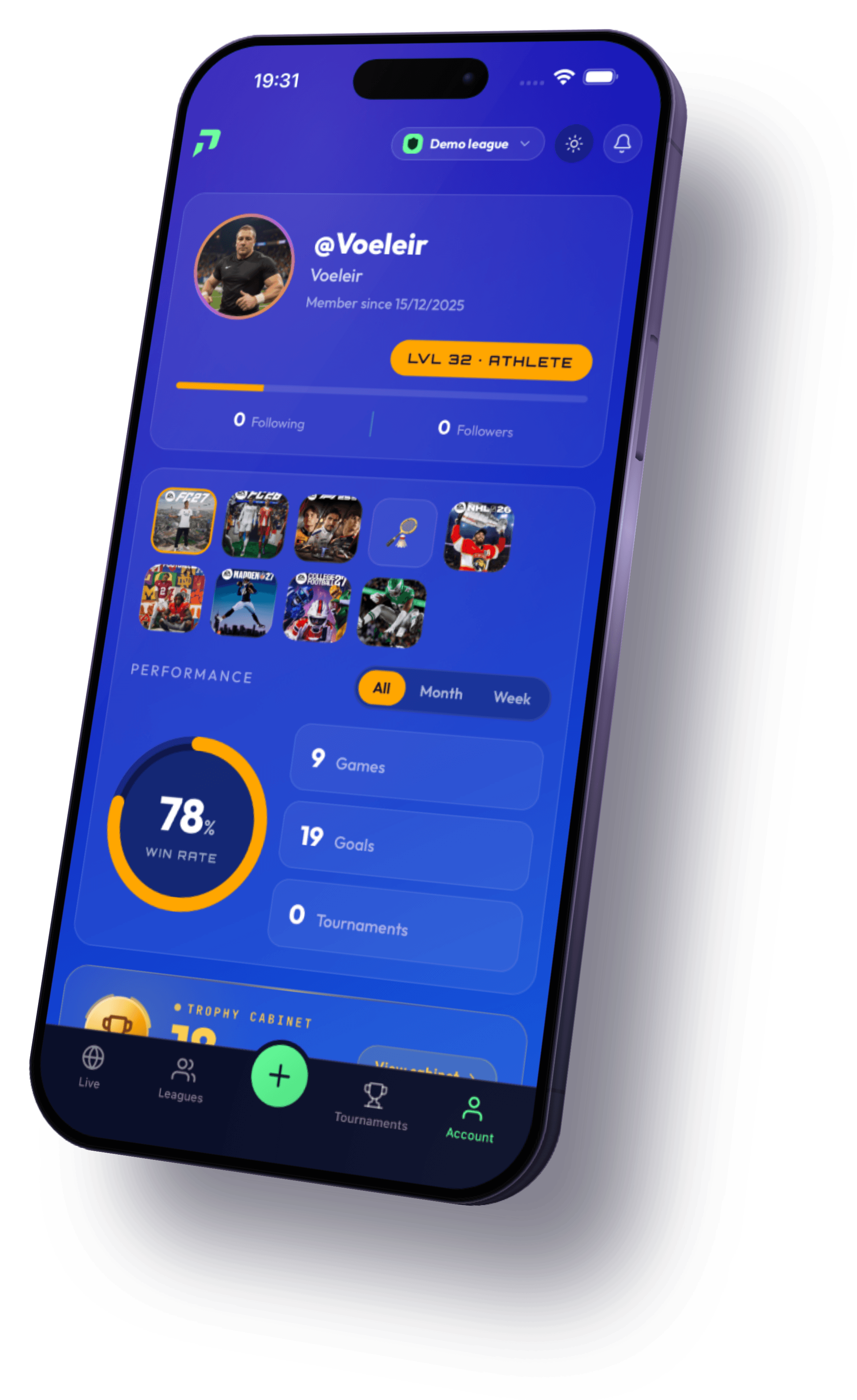 PlayAsOne account screen on a phone